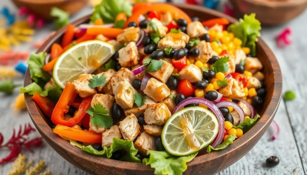 A vibrant Mexican chicken salad featuring diced grilled chicken, colorful bell peppers, fresh cilantro, chopped red onions, black beans, and corn on a bed of crisp romaine lettuce, drizzled with a tangy lime dressing, all presented in a rustic wooden bowl surrounded by colorful, festive decorations.
