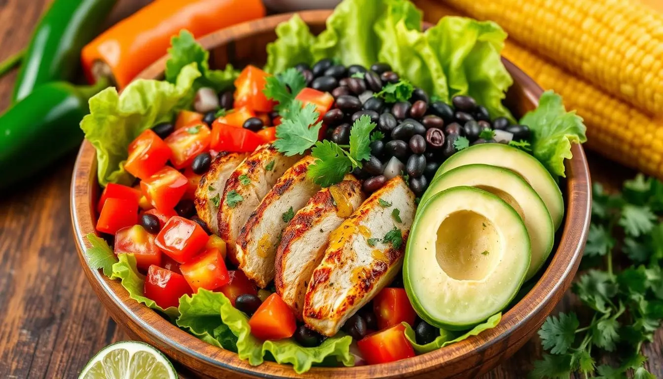A vibrant Mexican chicken salad, featuring succulent grilled chicken strips on a bed of crisp romaine lettuce, garnished with vivid diced tomatoes, colorful bell peppers, creamy avocado slices, black beans, and fresh cilantro, all drizzled with a zesty lime dressing, arranged artistically in a rustic wooden bowl, surrounded by traditional Mexican ingredients like jalapeños and corn.