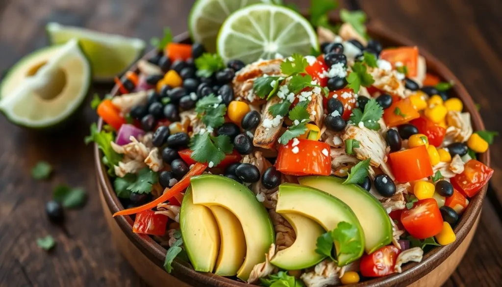 Vibrant Mexican-inspired chicken salad, featuring shredded grilled chicken, colorful bell peppers, diced tomatoes, fresh cilantro, avocado slices, black beans, and corn, all beautifully arranged on a rustic wooden table, with bright lime wedges and a sprinkle of queso fresco on top.