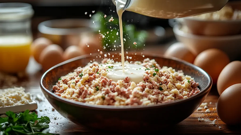 Milk being added to breadcrumbs with ingredients for homemade meatloaf nearby.