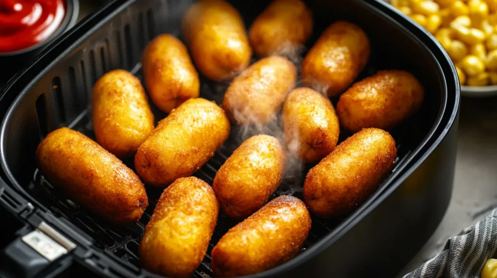 Mini corn dogs arranged in a sleek air fryer basket, golden brown and crispy, with steam rising gently, surrounded by a few dipping sauces like ketchup and mustard, set against a modern kitchen backdrop with soft lighting.