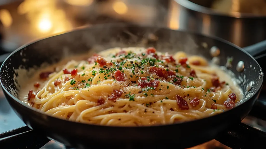 Cooking process of miso carbonara showing bacon, miso sauce, and pasta on the stove.