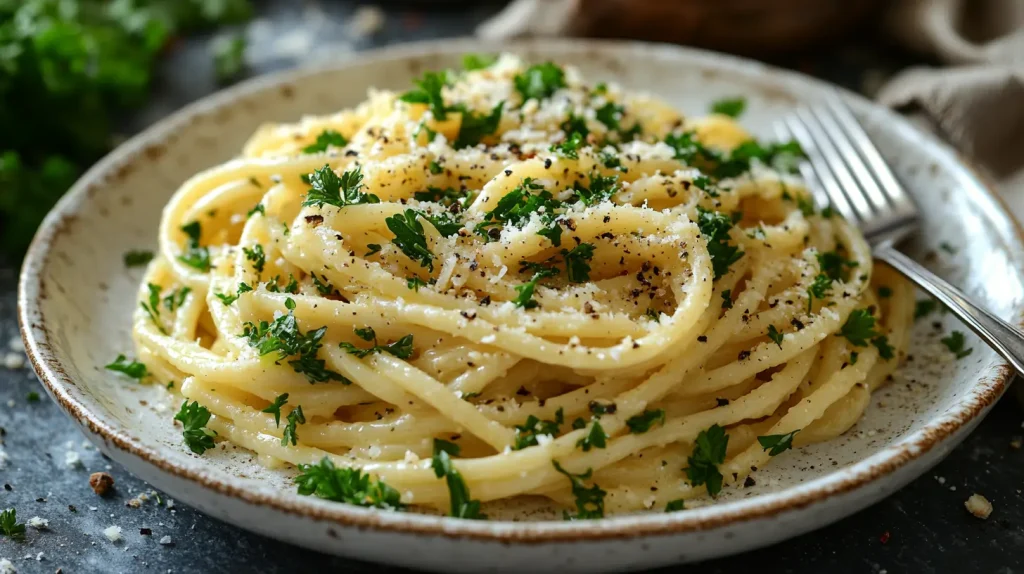 A serving of miso carbonara pasta on a plate, garnished with Parmesan and parsley.