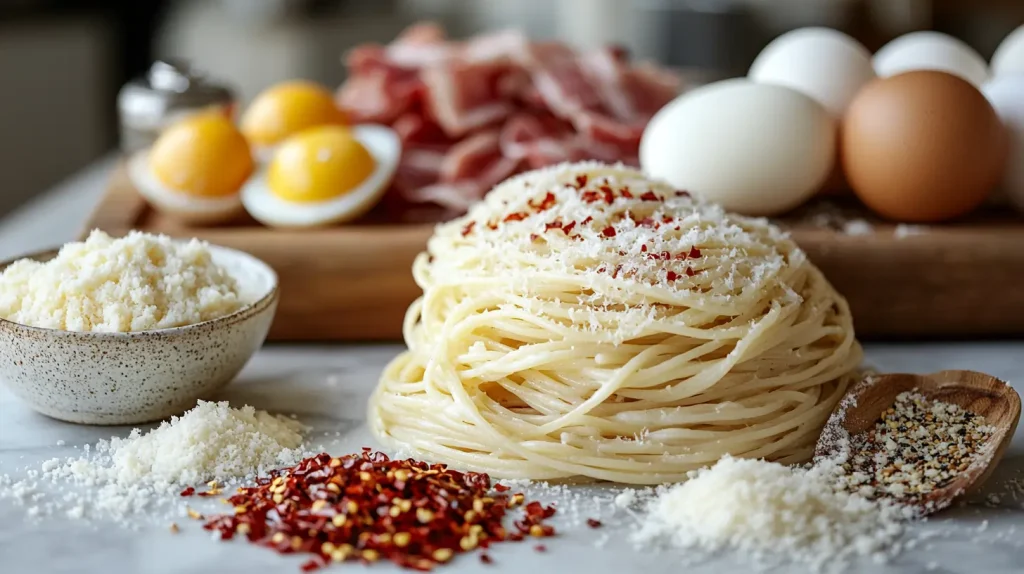Key ingredients for miso carbonara: spaghetti, bacon, miso paste, eggs, and Parmesan cheese.