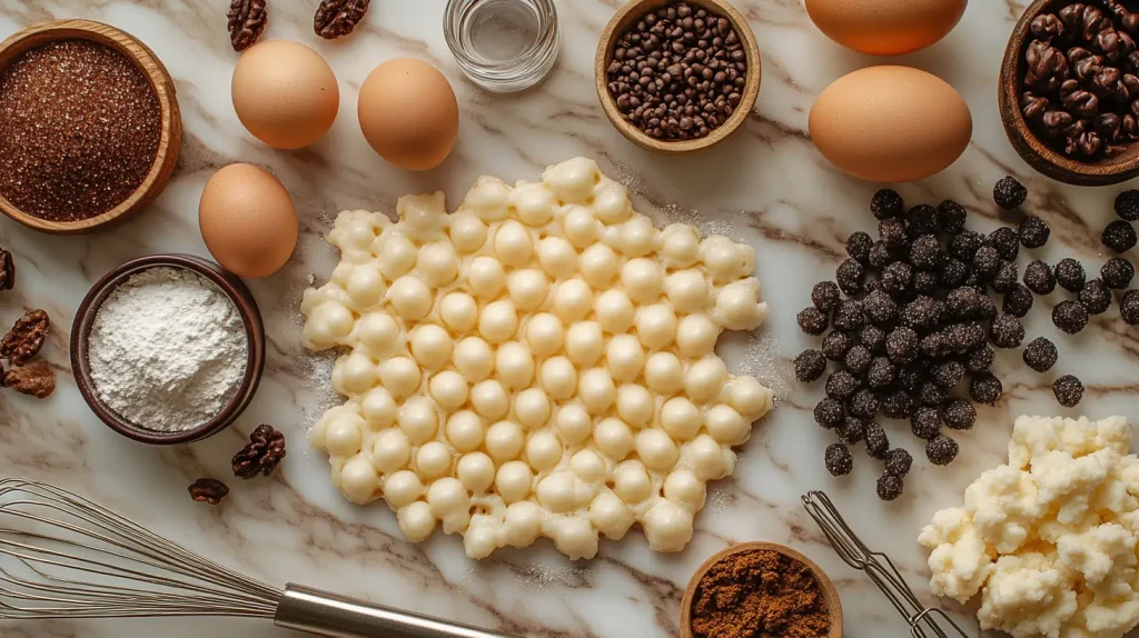 Ingredients for mochi waffles, including mochiko flour, eggs, sugar, and milk, arranged on a kitchen counter.