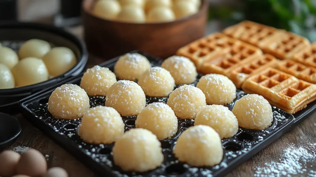 Japanese mochi rice cakes beside a waffle iron with mochi waffle batter.