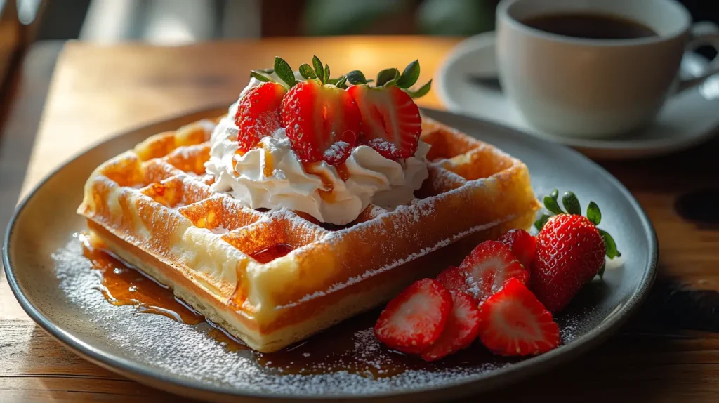 Mochi waffles with whipped cream, maple syrup, and strawberries, served with coffee on a breakfast table.