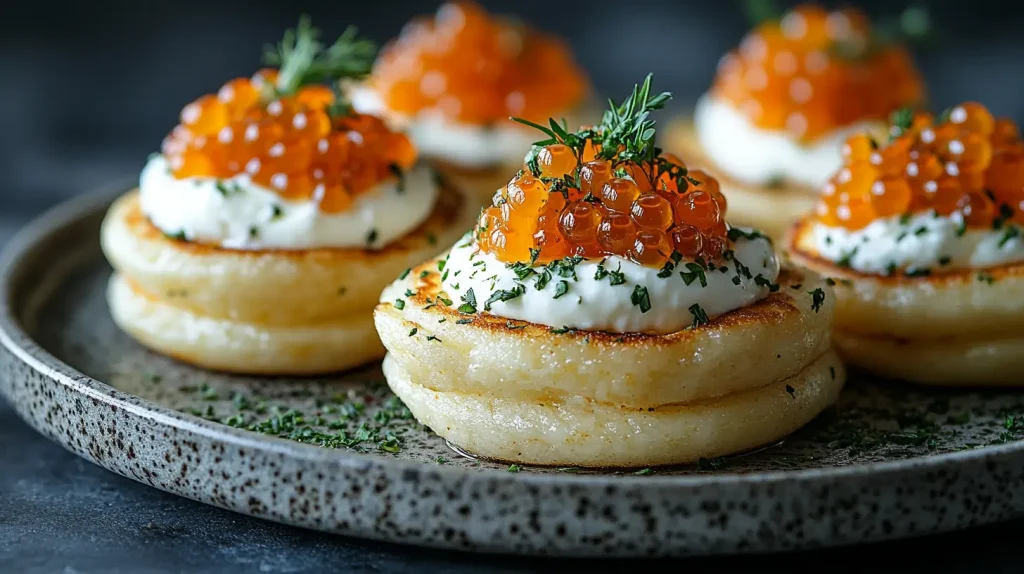 Close-up of crumpets with caviar and crème fraîche, garnished with herbs on a modern appetizer platter.