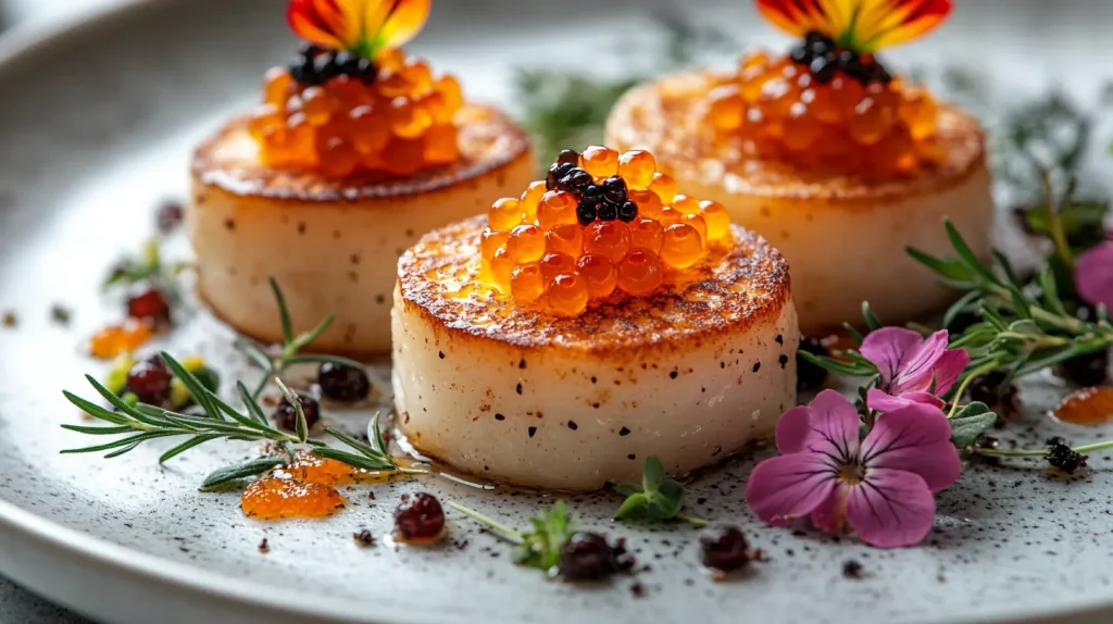 Modern plating of crumpets with caviar, featuring quenelles, edible flowers, and herbs on a minimalist white plate.
