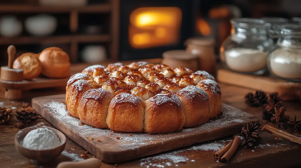 A rustic kitchen scene depicting the origins of monkey bread, featuring traditional ingredients like flour, sugar, cinnamon, and butter. Vintage baking tools scattered around, a warm oven in the background, with an earthy wooden table displaying glistening, pull-apart pieces of monkey bread drizzled with caramel. Soft warm light illuminating the scene, evoking a nostalgic and homely atmosphere.