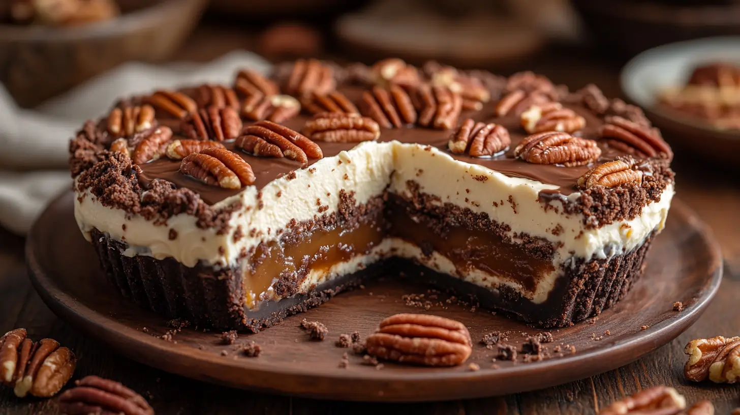 A no-bake turtle pie with caramel, chocolate, and pecan layers on a rustic table.