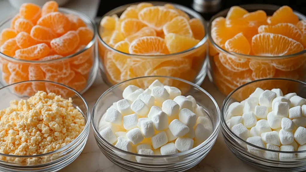 Ingredients for Orange Fluff Salad, including mandarin oranges, gelatin, whipped topping, and marshmallows.