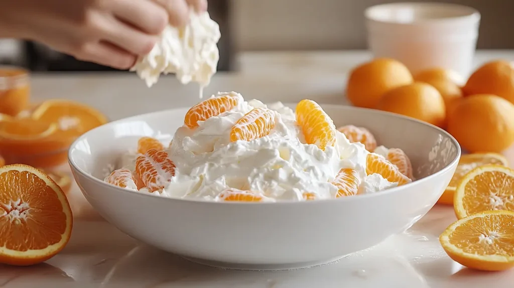 Step-by-step preparation of Orange Fluff Salad with gelatin, Cool Whip, and mandarin oranges.