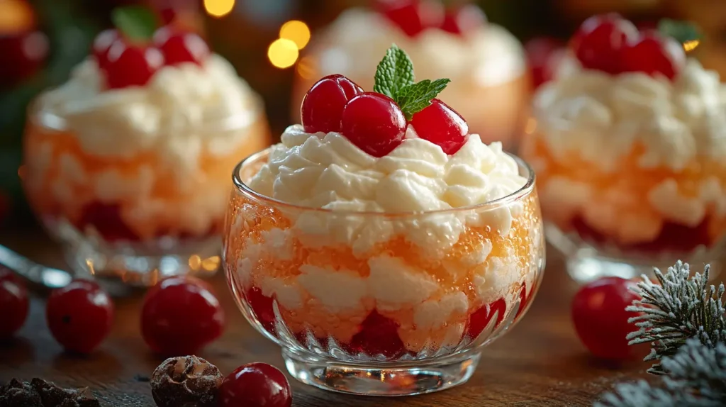 Individual servings of Orange Fluff Salad in glass cups, garnished with cherries and mint leaves.