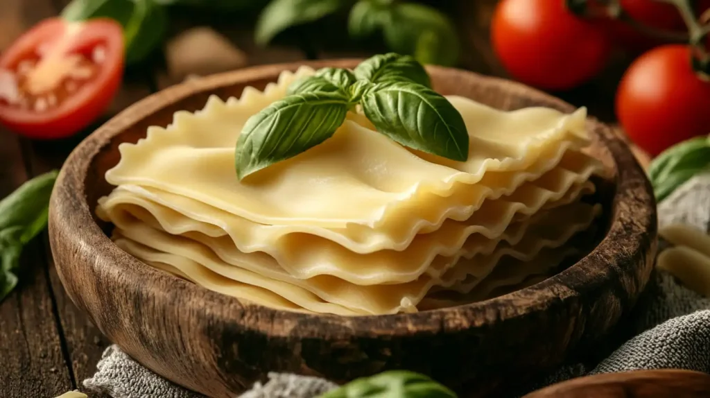 Close-up of uncooked oven-ready lasagna noodles in a rustic bowl surrounded by fresh ingredients.