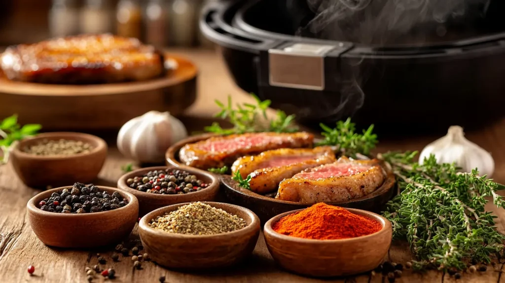 A rustic wooden table featuring a variety of vibrant spices in small bowls, including garlic powder, paprika, black pepper, and dried herbs, surrounded by fresh thyme and garlic cloves. In the background, an air fryer with thin pork chops inside, emitting steam, with a warm kitchen atmosphere and soft lighting.