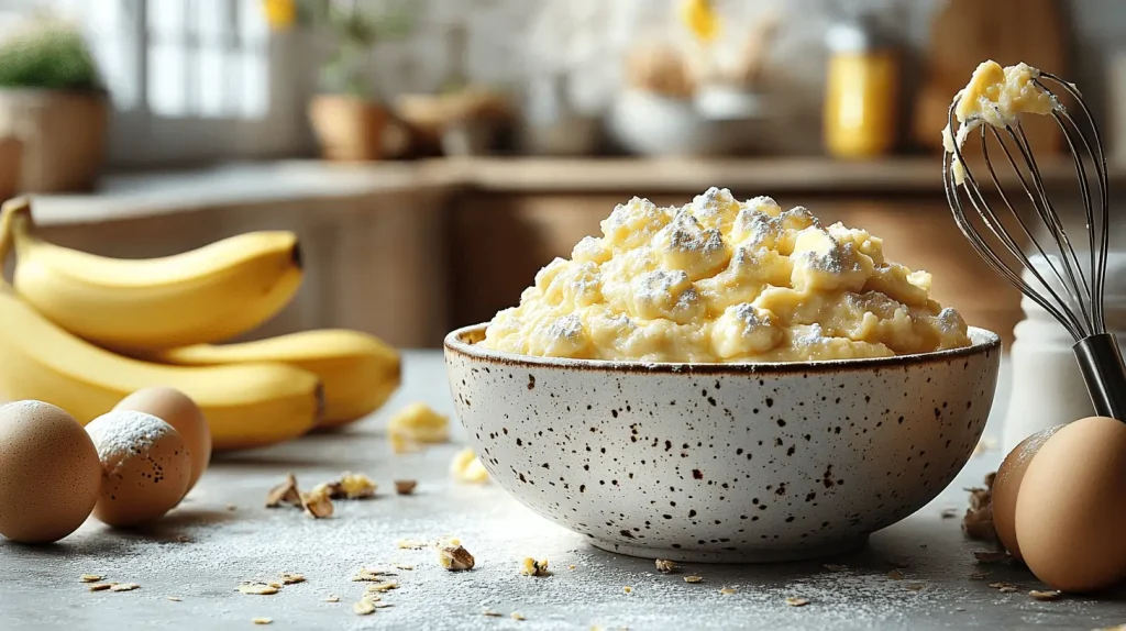 A kitchen counter with waffle batter, bananas, eggs, and a whisk, representing the simplicity of making banana waffles.