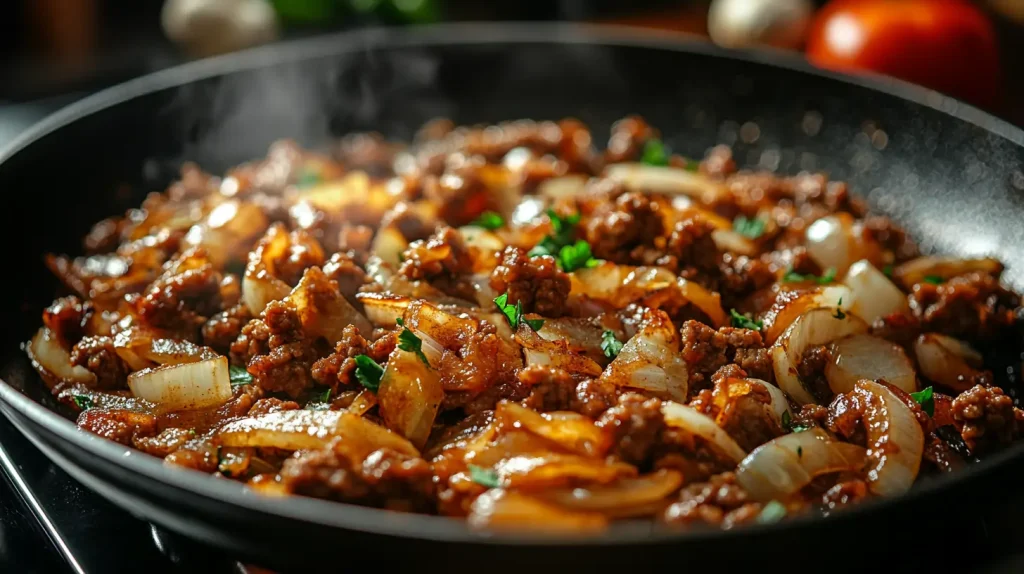 A close-up of browned ground beef, onions, and garlic cooking in a skillet on a stovetop.