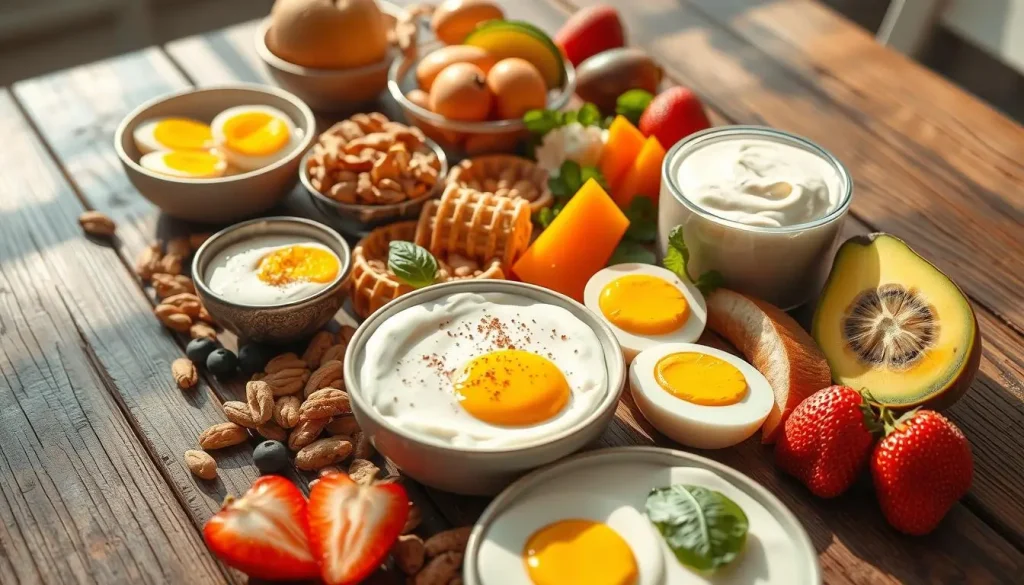 A vibrant breakfast scene featuring a variety of high-protein foods such as eggs, Greek yogurt, nuts, and colorful fruits arranged on a rustic wooden table, with natural morning light streaming in, highlighting the textures and colors of the food, evoking a sense of energy and vitality.