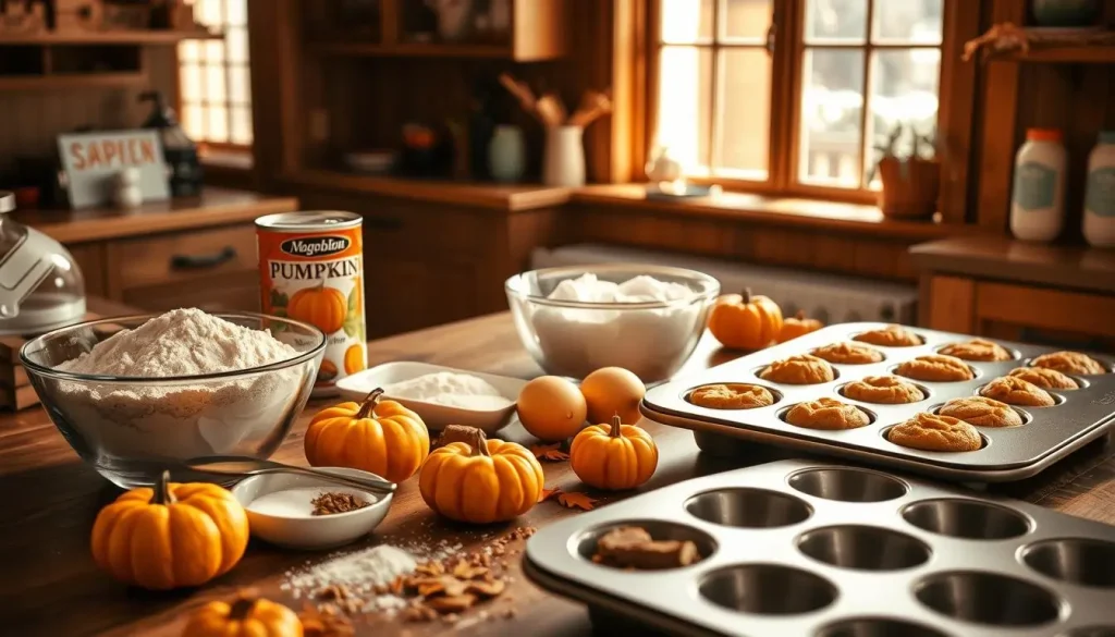 A cozy kitchen scene with a wooden table covered in ingredients for pumpkin muffins: a bowl of flour, can of pumpkin puree, spices like cinnamon and nutmeg, sugar, eggs, and a mixing spoon. Soft sunlight filtering through the window, highlighting warm autumn colors with scattered mini pumpkins and a muffin tray ready to be filled.