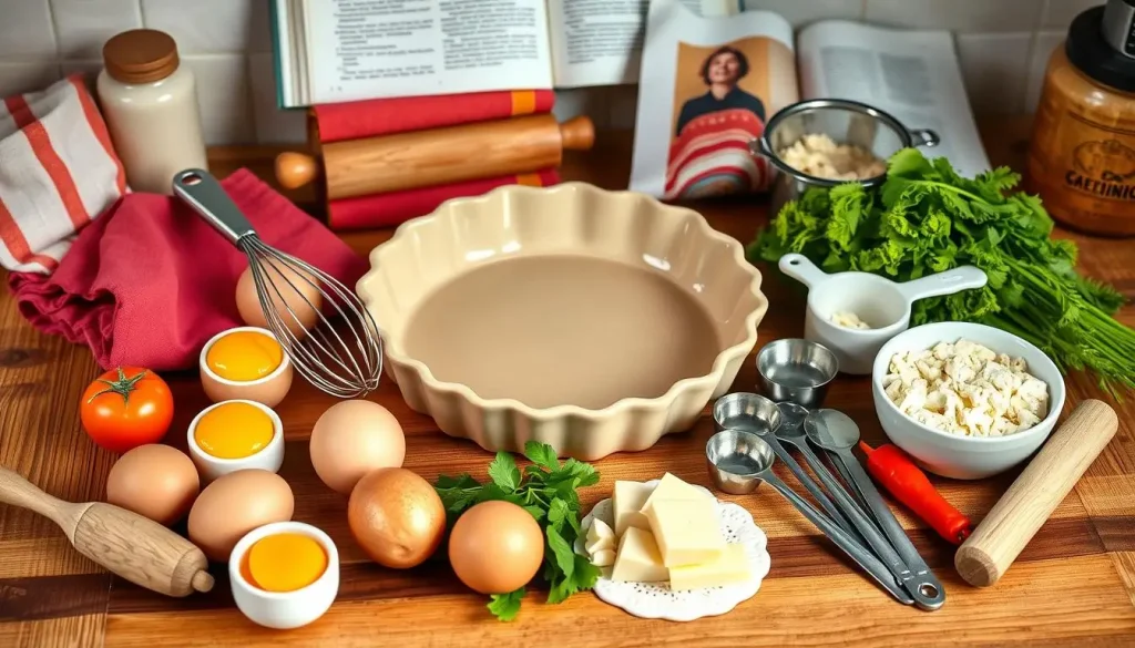 A collection of essential quiche baking tools arranged on a wooden kitchen countertop, featuring a ceramic pie dish, a whisk, measuring cups and spoons, a rolling pin, fresh ingredients like eggs, cheese, and vegetables, alongside a set of vibrant colorful kitchen towels and a recipe book in the background.