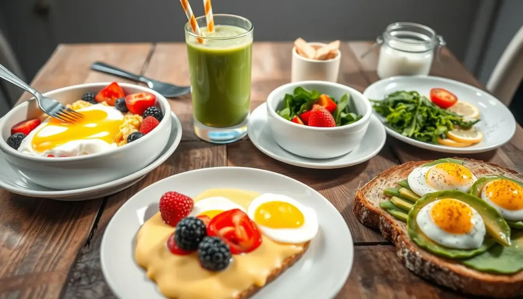 A vibrant breakfast table featuring an assortment of high-protein dishes, including a colorful bowl of Greek yogurt topped with fresh berries and honey, scrambled eggs with spinach and cherry tomatoes, a smoothie with protein powder, and slices of whole-grain toast with avocado and poached eggs, all arranged on a rustic wooden table, natural morning light illuminating the scene.