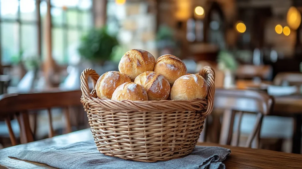 An elegant wooden dining table set with a rustic cloth, featuring a basket overflowing with freshly baked, golden-brown canes bread, surrounded by a cozy restaurant ambiance with soft lighting, and a backdrop of blurred kitchenware and vintage decor.