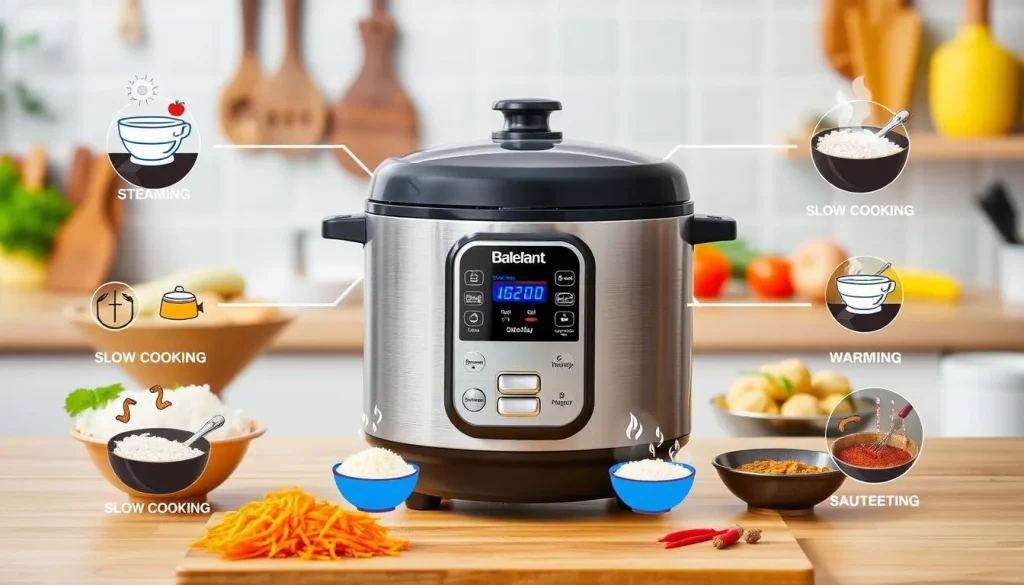 An array of rice cooker functions illustrated through vibrant icons and visual elements, showcasing steaming, slow cooking, sautéing, and warming features. Each function represented by colorful symbols and cooking scenarios around a central rice cooker, against a bright kitchen background filled with ingredients like rice, vegetables, and spices.