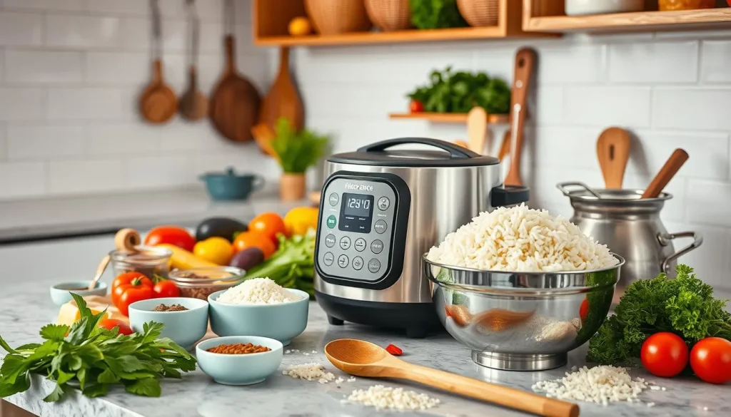 A well-organized kitchen countertop featuring a modern rice cooker, surrounded by colorful ingredients like fresh vegetables, spices, and rice varieties, with a seamless blend of cooking utensils such as measuring cups, a wooden spoon, and a steaming bowl of fluffy rice, all beautifully arranged in an inviting and vibrant setting.