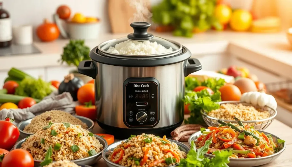 A vibrant kitchen scene showcasing a rice cooker surrounded by an array of colorful ingredients, including vegetables, grains, and proteins. The rice cooker is steaming and has an assortment of delicious dishes like stir-fried rice, quinoa salad, and steamed veggies artistically arranged around it. A warm, inviting atmosphere with soft lighting highlights the versatility of the rice cooker in preparing diverse meals.