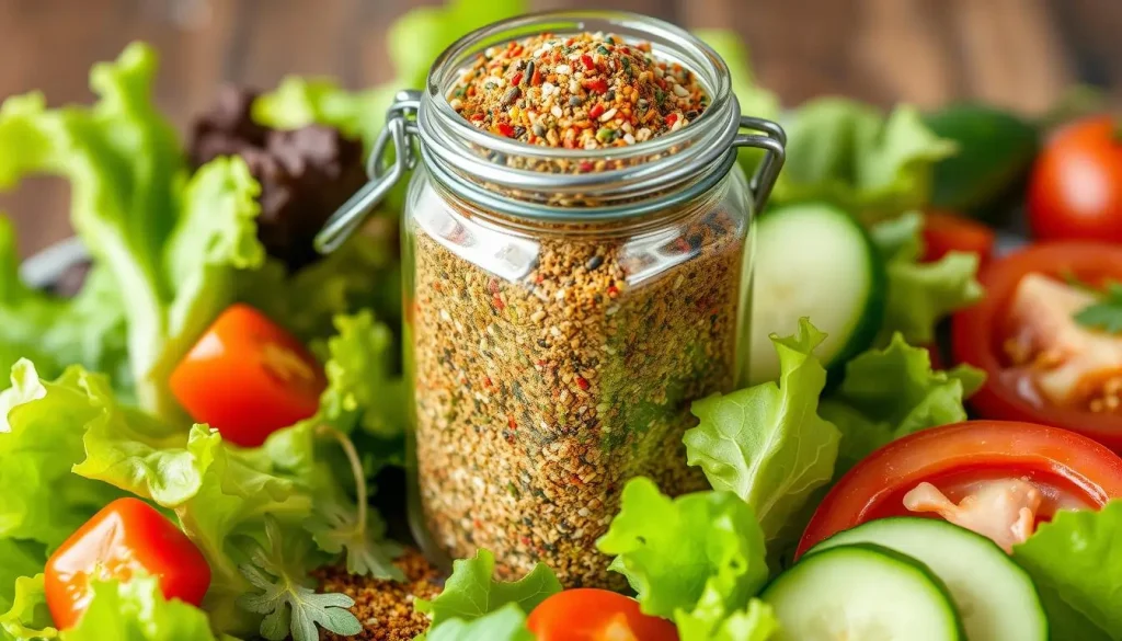 A vibrant assortment of spices and herbs in a decorative glass jar, surrounded by fresh salad ingredients like lettuce, tomatoes, and cucumbers, with a light sprinkle of colorful seasoning on top, capturing the essence of a perfect salad seasoning blend.