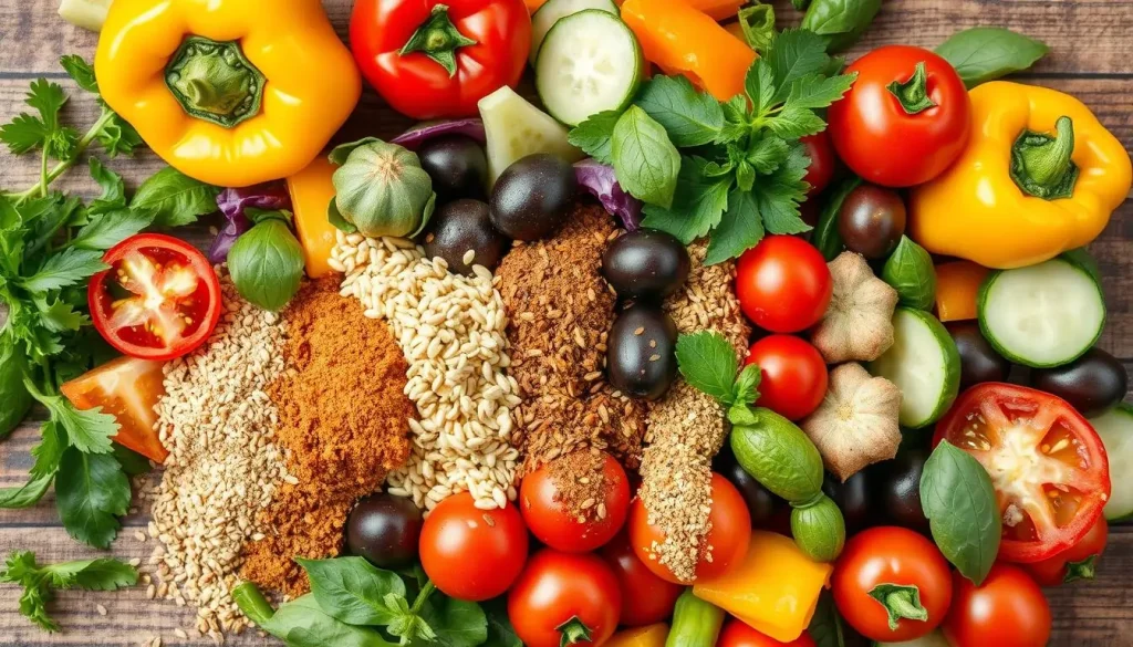 An assortment of vibrant, fresh salad ingredients arranged artfully, including colorful bell peppers, cherry tomatoes, crisp cucumbers, olives, and a variety of herbs like parsley and basil. Overlayed with a sprinkle of unique seasoning blends like onion powder, garlic powder, and sesame seeds, all set against a rustic wooden background to enhance the earthy feel of fresh salad preparation.