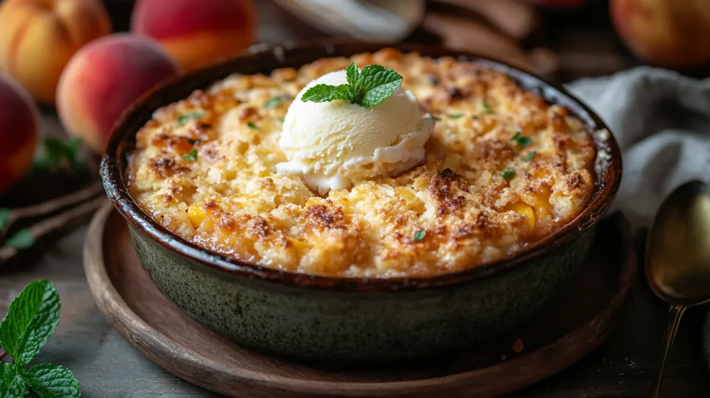 Peach cobbler with vanilla ice cream and mint garnish served in a rustic bowl.