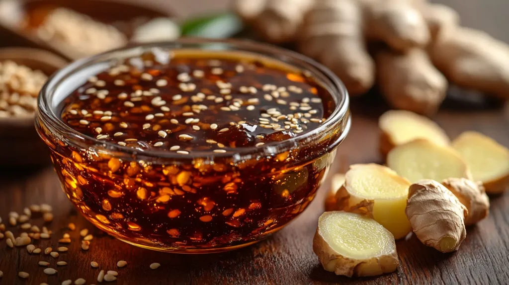 A bowl of dark, glossy soy sauce substitute surrounded by ginger slices, garlic cloves, and sesame seeds on a wooden table.