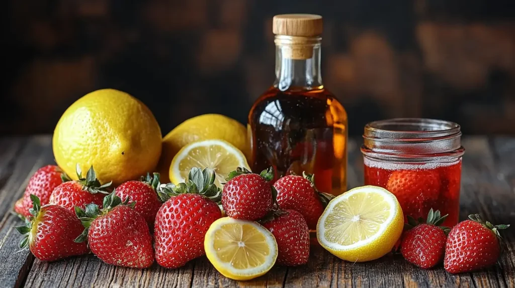 Fresh strawberries, sliced lemons, vodka, and simple syrup arranged for a strawberry lemon drop cocktail.