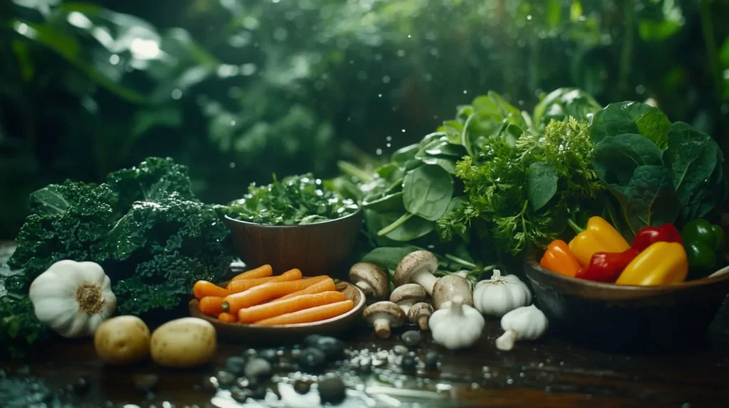 A rustic wooden table covered with fresh, vibrant ingredients for swamp soup: leafy greens like spinach and kale, sliced carrots, diced potatoes, a bunch of wild herbs, chunks of mushrooms, plump garlic cloves, and a bowl of colorful bell peppers. Surrounding these ingredients are drops of murky water and pebbles, evoking a swampy atmosphere, with soft diffused light filtering through dense green foliage above.