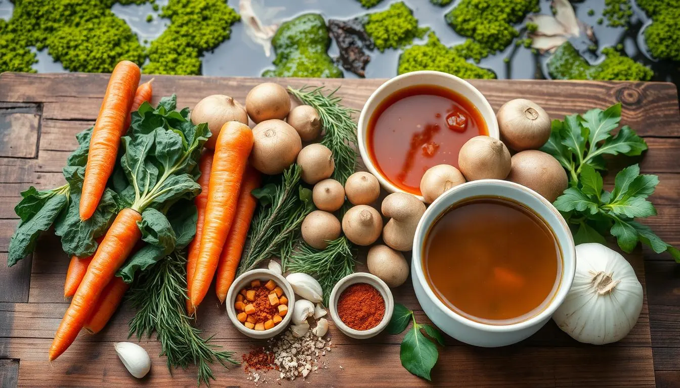 A rustic wooden table adorned with an assortment of colorful ingredients for swamp soup, including fresh greens like spinach and kale, vibrant carrots, earthy potatoes, aromatic herbs such as thyme and rosemary, clusters of mushrooms, diced onions, garlic cloves, a bowl of rich vegetable broth, and a sprinkle of spices in small containers, with a natural swampy background featuring soft green moss and gentle water reflections.