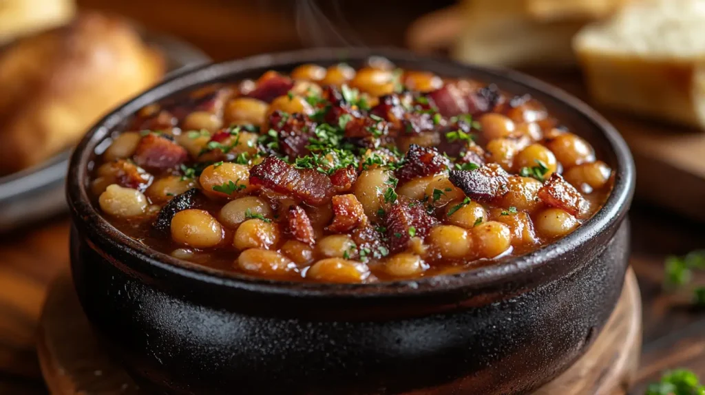 A steaming bowl of baked beans, showcasing a rich glossy sauce with glimmers of brown sugar and hints of tangy tomato, surrounded by garnishes of fresh herbs. The beans are plump and shiny, nestled among caramelized onions and bits of crispy bacon, with a subtle drizzle of honey cascading over the top. Soft, warm bread rolls sit nearby, enhancing the cozy atmosphere of this sweet and savory comfort food scene.