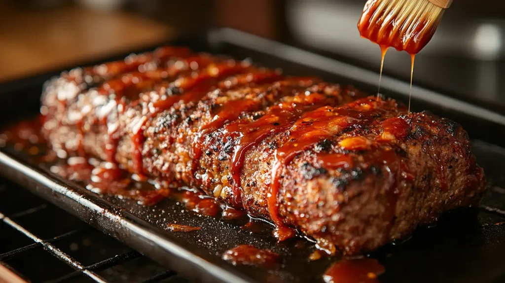 Sweet ketchup glaze being brushed onto meatloaf before baking.
