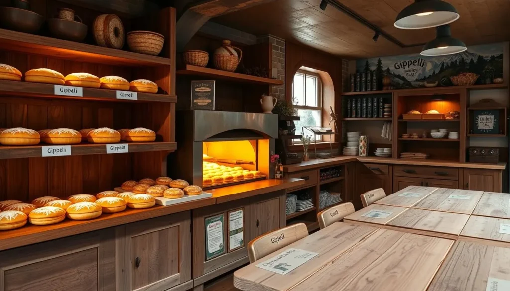 A quaint Swiss bakery interior, showcasing freshly baked Gipfeli pastries displayed on wooden shelves, warm golden hues emanating from the oven, rustic wooden tables, and decorative elements inspired by Swiss culture, such as traditional motifs and alpine scenery in the background.