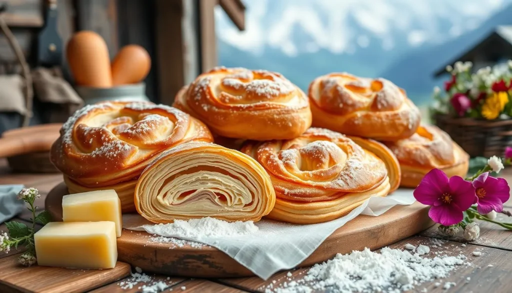 A beautifully arranged display of traditional Swiss Gipfeli, showcasing flaky layers and golden-brown crust, surrounded by a rustic wooden table setting with a hint of alpine scenery in the background, fresh butter and scattered flour nearby, and a delicate touch of Swiss floral accents.