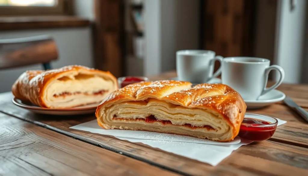 A beautifully arranged Swiss Gipfeli on a rustic wooden table, showcasing its flaky layers and golden-brown crust, accompanied by a small bowl of jam and a cup of coffee, with soft morning light filtering through a window, creating a warm and inviting breakfast scene.