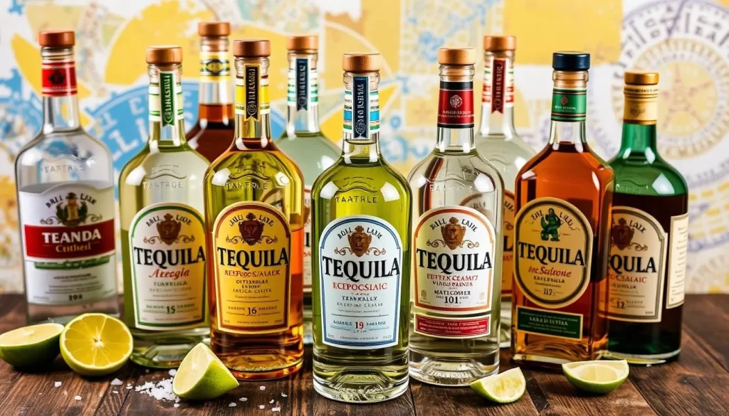 A vibrant display of various tequila bottles showcasing different types, including Blanco, Reposado, Añejo, and Extra Añejo, each with unique labels and colors, arranged artfully around a rustic wooden table with lime wedges and salt, highlighting the textures of the glass and the vivid colors of the tequila.