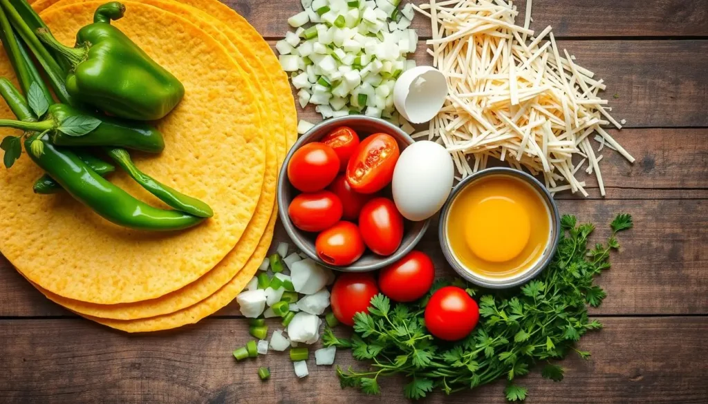 A vibrant flat lay of essential ingredients for a tortilla quiche, featuring golden corn tortillas, fresh green bell peppers, diced onions, bright cherry tomatoes, cracked eggs, shredded cheese, and a sprinkle of fresh herbs, all arranged on a rustic wooden table with natural lighting.
