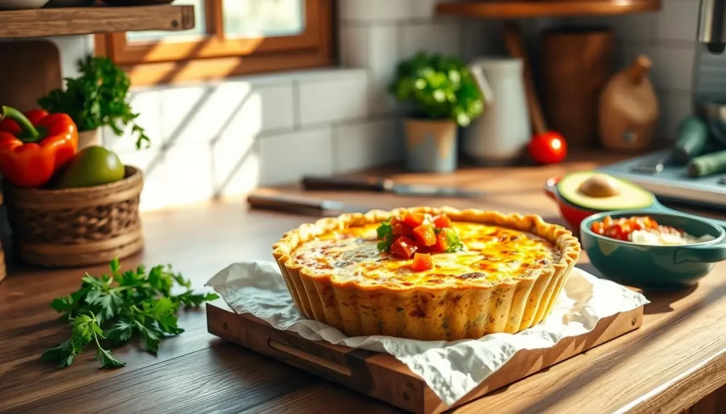 A vibrant kitchen scene featuring a freshly baked tortilla quiche casserole, golden brown and bubbling, surrounded by colorful fresh vegetables like bell peppers, tomatoes, and onions; a sprinkle of cheese melting on top, with a side of salsa and avocado garnishes; warm morning light flooding through a window, casting soft shadows on rustic wooden countertops adorned with cooking utensils and fresh herbs.