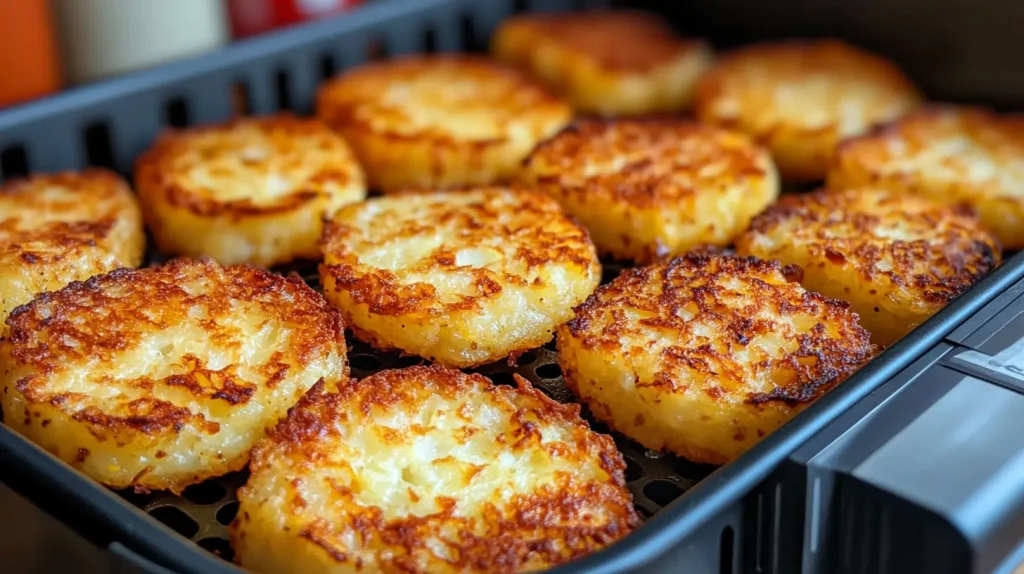 Trader Joe’s hashbrowns in an air fryer basket with a golden-brown texture.