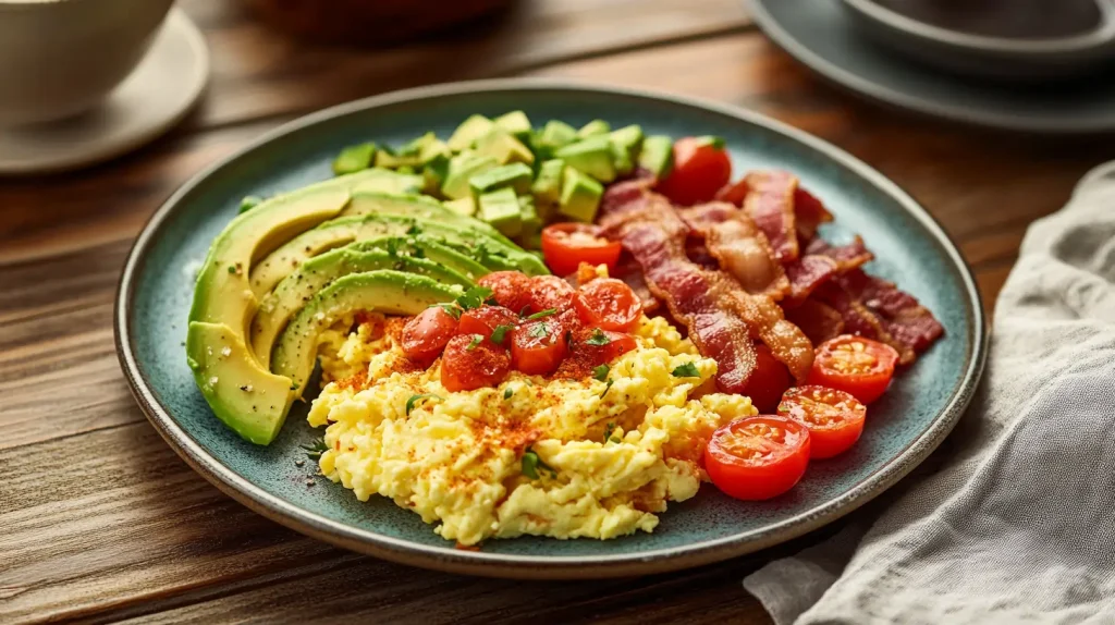 Breakfast plate with Trader Joe’s hashbrowns, scrambled eggs, bacon, avocado, and coffee.