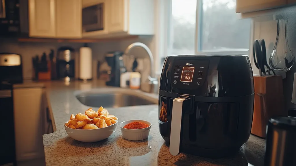 Air fryer on a countertop with Trader Joe’s hashbrowns box and cooking tools.