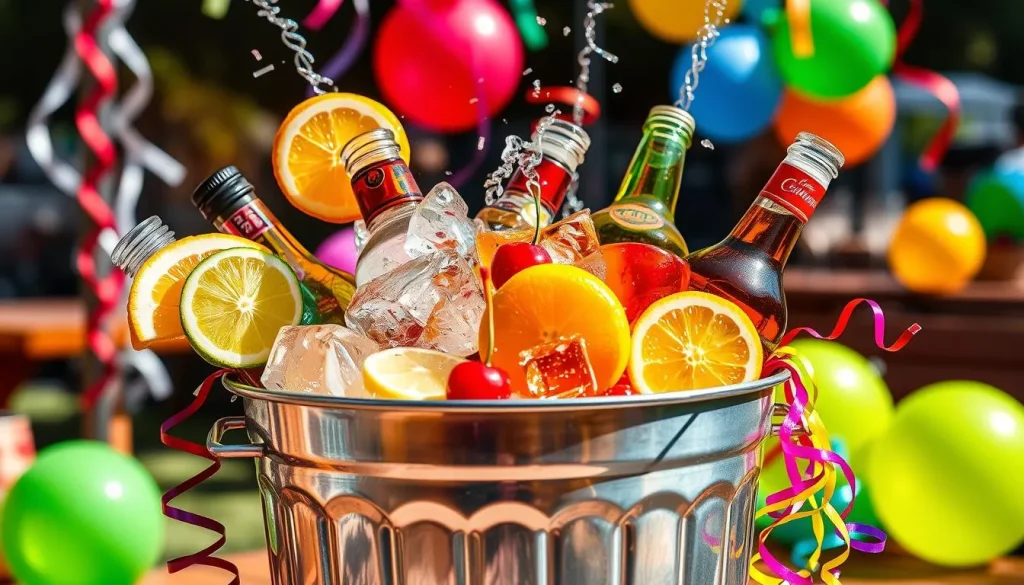 A vibrant and colorful trash can cocktail overflowing with various alcoholic beverages, fresh fruits like oranges, limes, and cherries, ice cubes glistening in the sunlight, surrounded by party decorations like streamers and balloons, set in a lively outdoor party atmosphere.