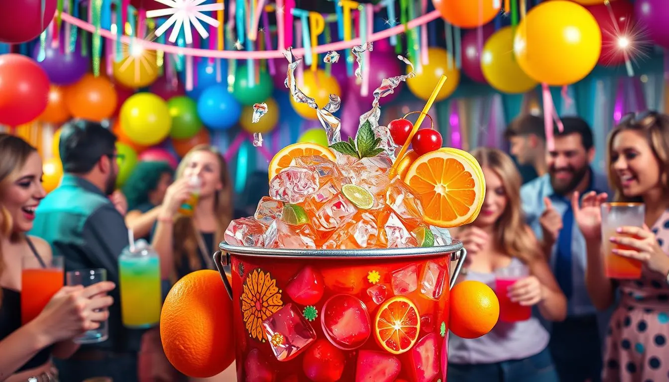 A vibrant party scene featuring a large, overflowing cocktail in a colorful, festive trash can, surrounded by ice cubes and various fruity garnishes like oranges, limes, and cherries. The background is filled with party decorations, balloons, and people enjoying themselves, with colorful drinks in hand. The atmosphere is lively and cheerful, with sparkles and energetic vibes.